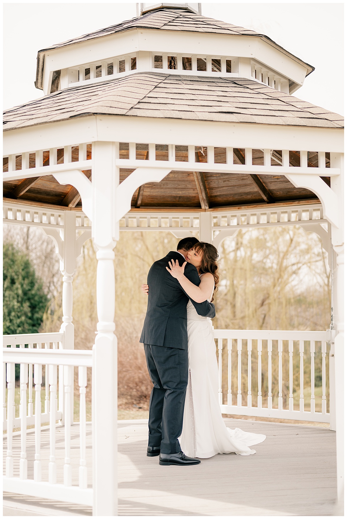 Left image shows a bride and groom having a first look on their wedding day, embracing under a pergola in a blog describing Wedding Timeline mistakes.