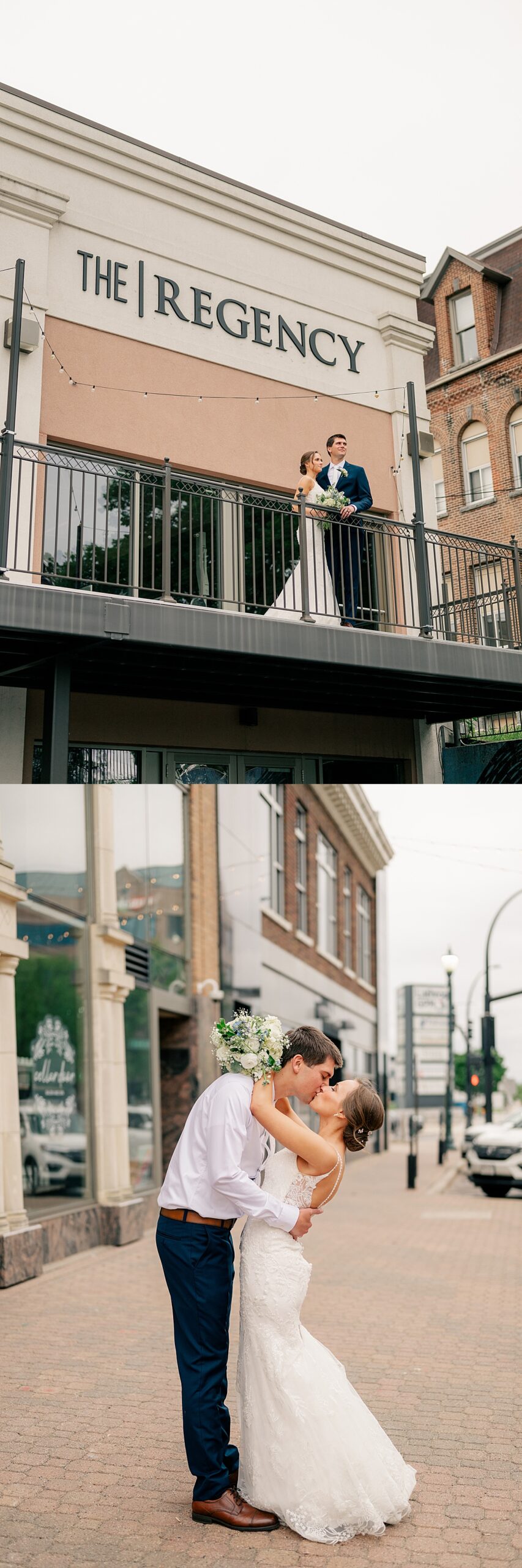 Bride and Groom peer over the venue balcony by Rule Creative Co.
