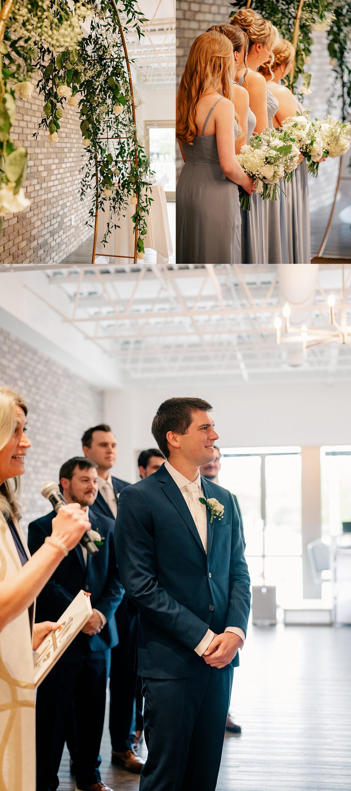 Floral wedding arch decorated in white roses and greenery by Rule Creative Co.