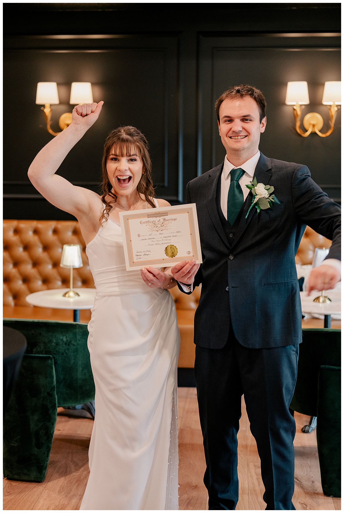 Left image shows a bride and groom standing together and celebrating the signing of their marriage license in a blog describing Wedding Timeline mistakes.