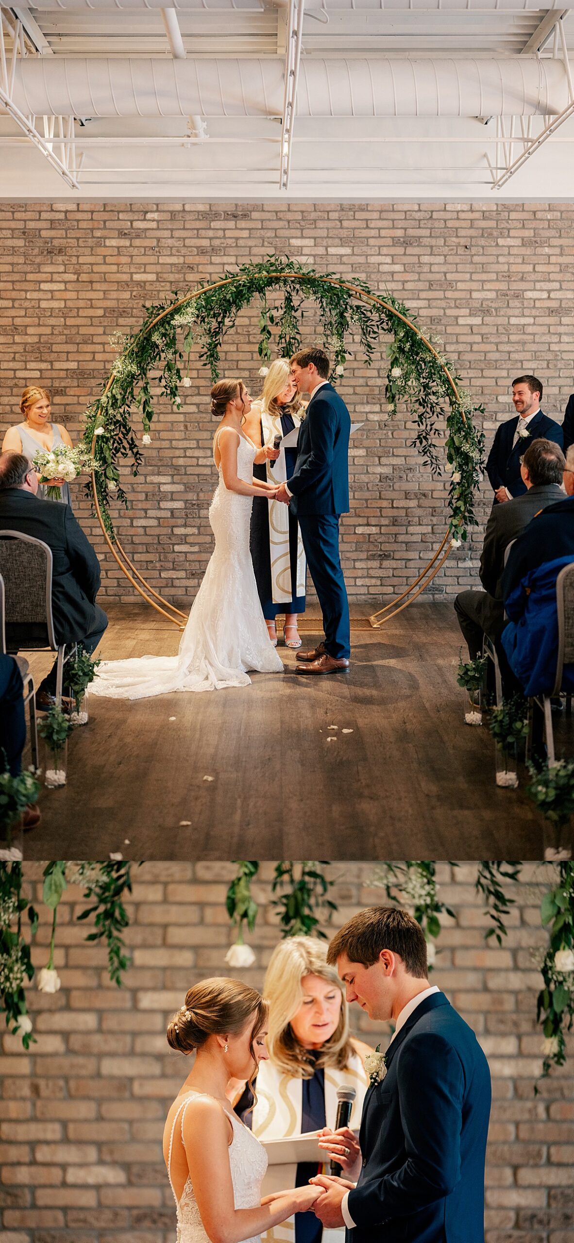 Minnesota Wedding Photographer captures Bride and Groom holding hands and pray during marriage ceremony.