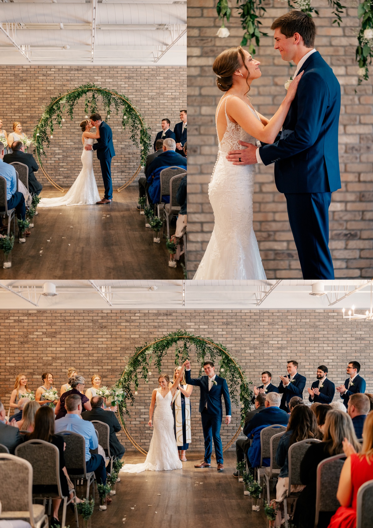 Bride and groom kiss during ceremony on their Spring Wedding Day.