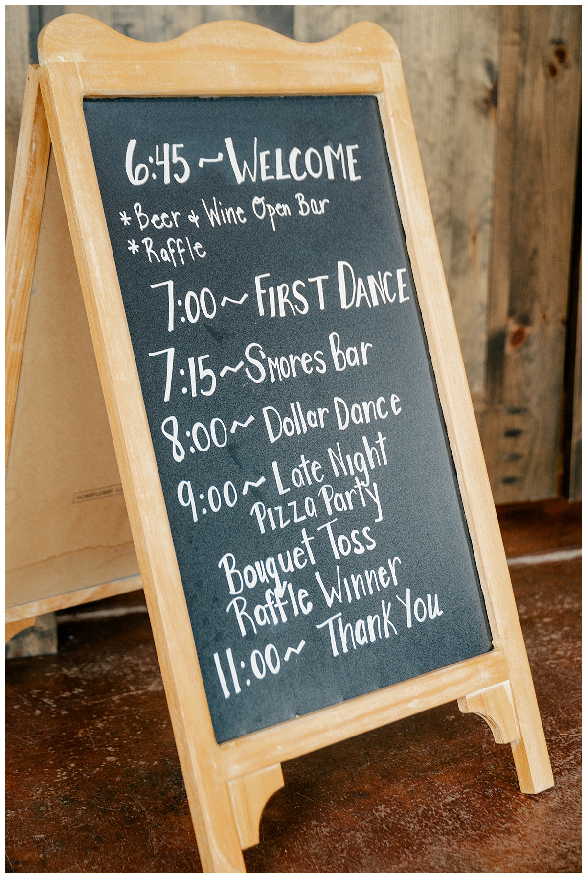 Right image portrays a wooden easel chalkboard with the timing of reception events written on it in a blog describing Wedding Timeline mistakes.