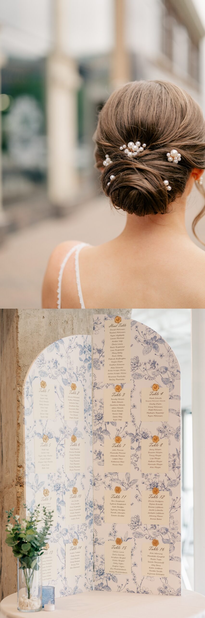 Blue seating chart display on a Spring Wedding Day.