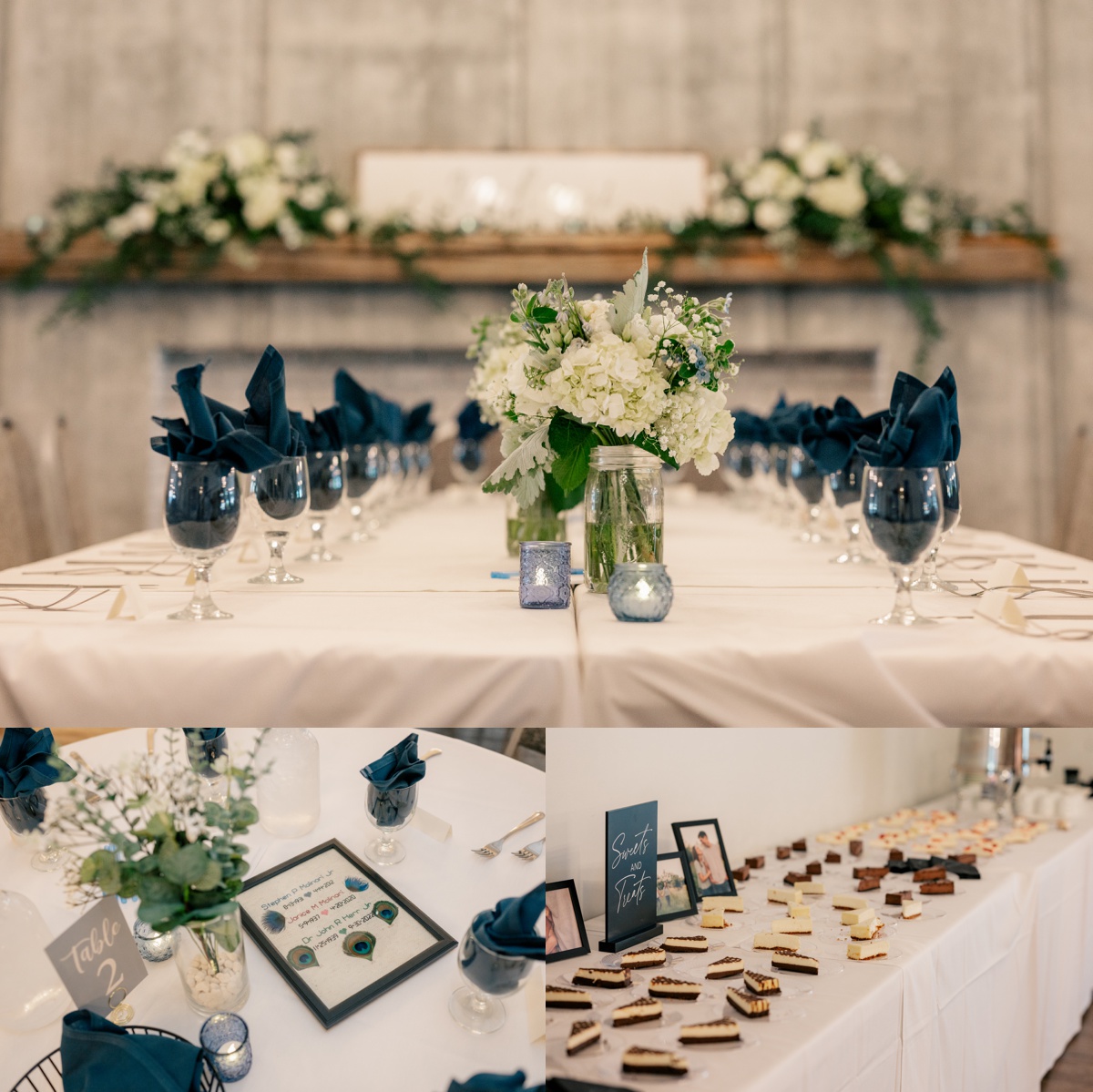 Blue and white wedding table decorations by Minnesota Wedding Photographer.