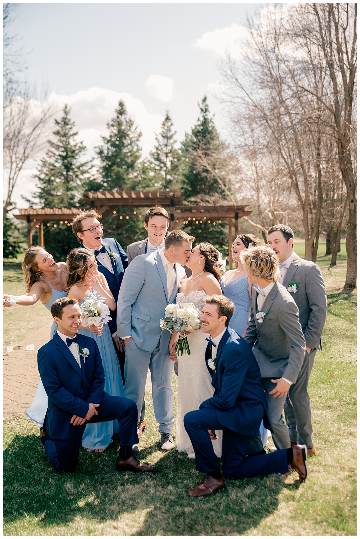 Left Image portrays a Bride and Groom kissing while surrounded by their wedding party who are smiling and cheering ecstatically.
