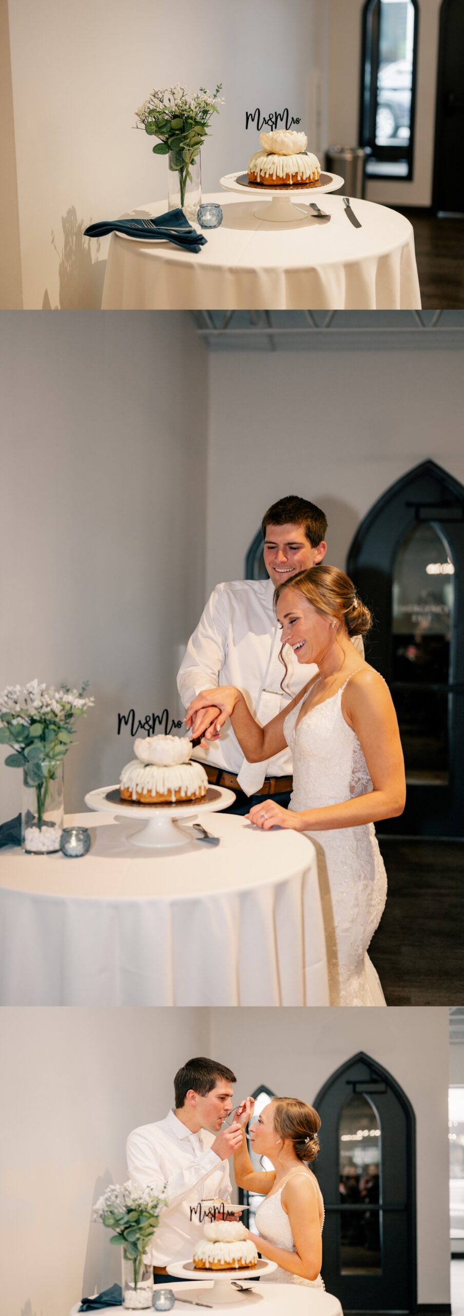 Bride and groom cut the cut on their Spring Wedding Day.