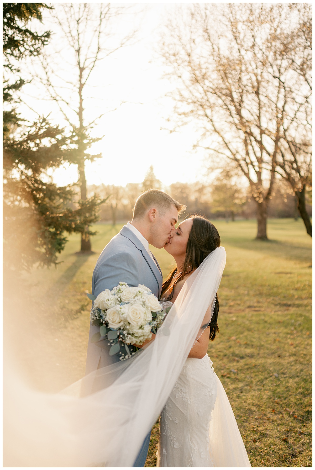 Left image shows a bride and groom kissing while the brides veil sweeps softly to the left side in a blog describing Wedding Timeline mistakes.