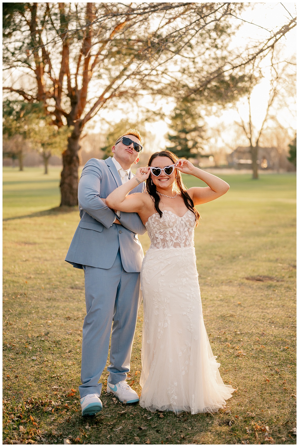 The right image shows a bride and groom posing with sunglasses on that read "just married" across the frames in a blog describing Wedding Timeline mistakes.