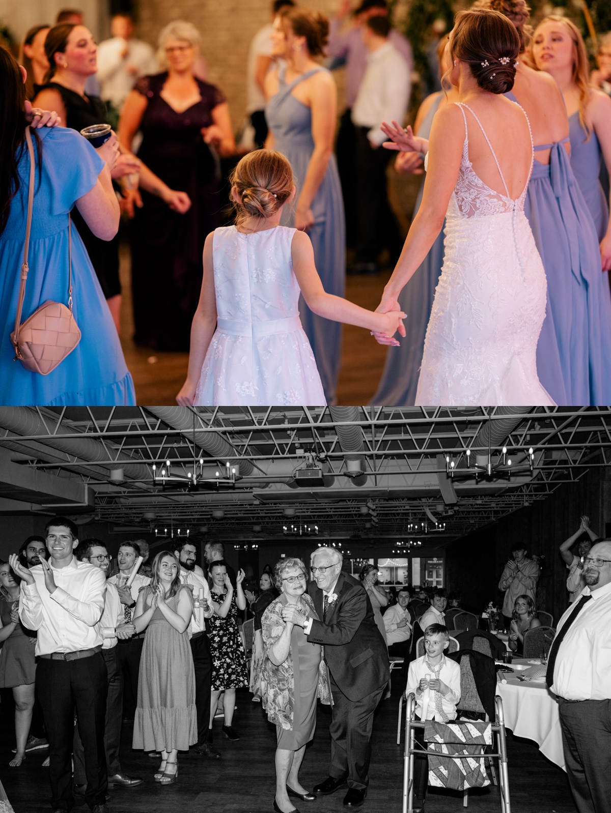 Minnesota Wedding Photographer photographs reception guests gathered around older couple dancing.