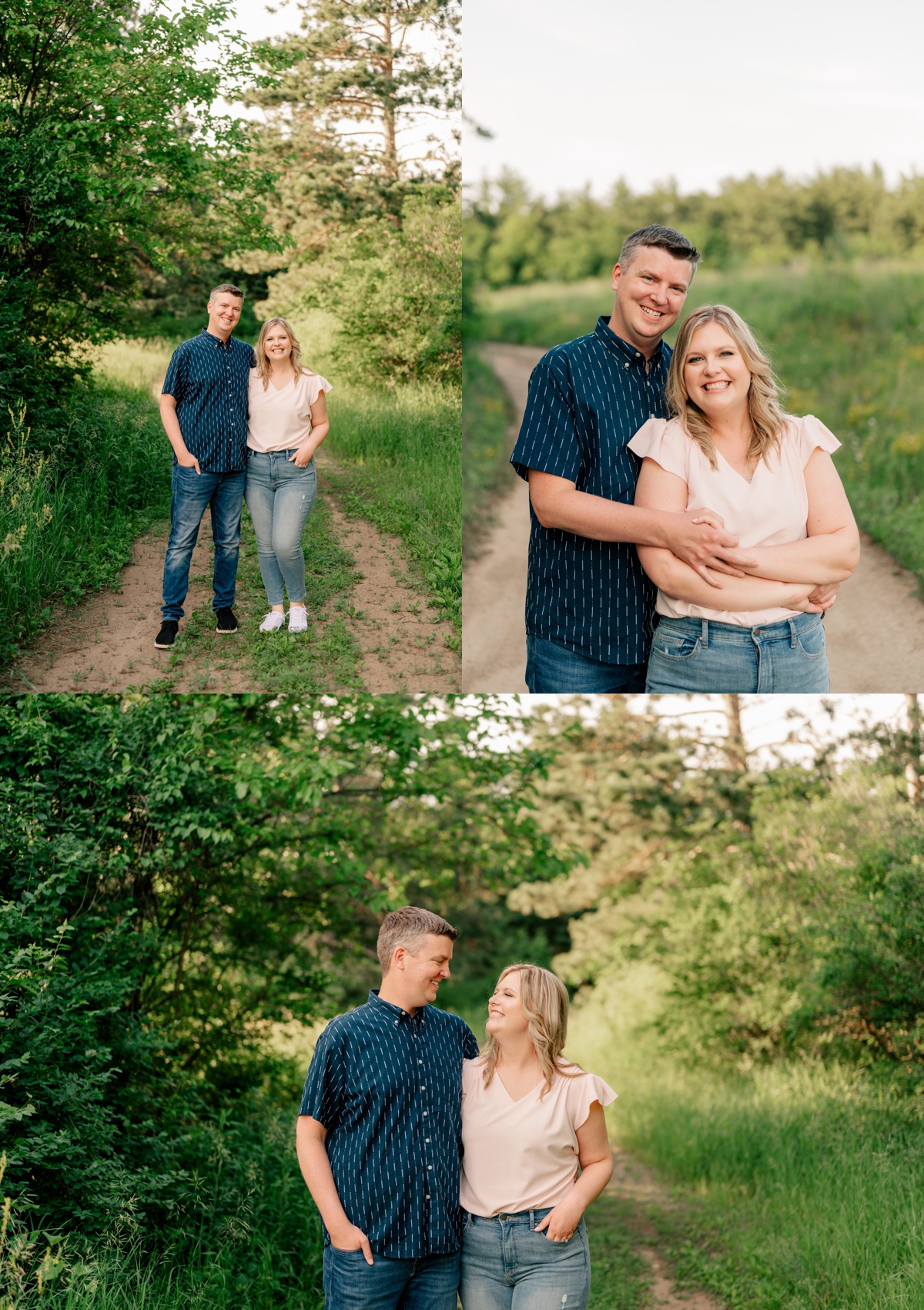 Couple wearing blue jeans pose for portraits by Rule Creative Co.