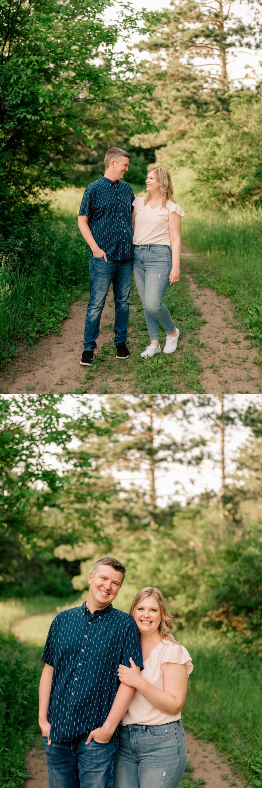 Couple in blue jeans look loving at each other during Joyful Summer Engagement Session