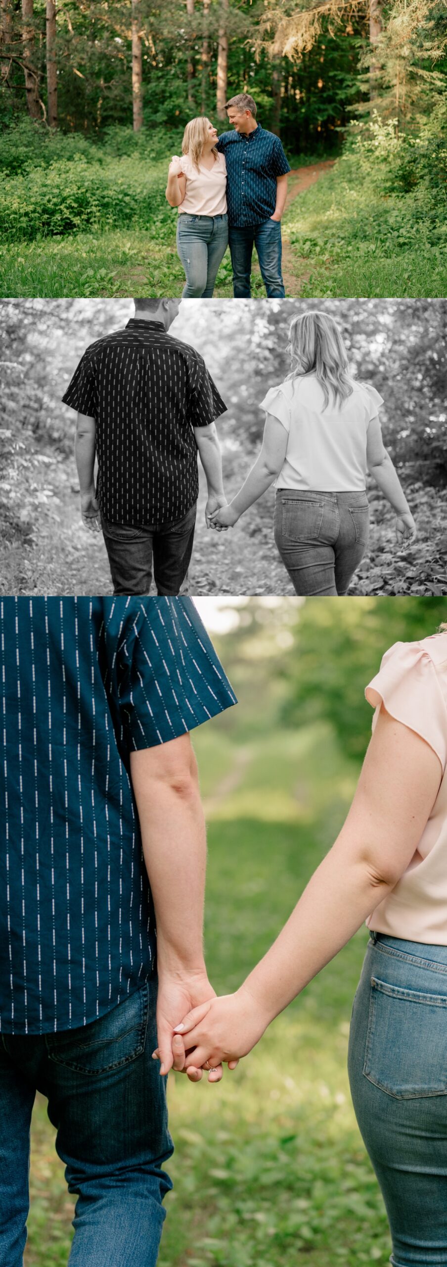 Man and woman walking together during Joyful Summer Engagement Session