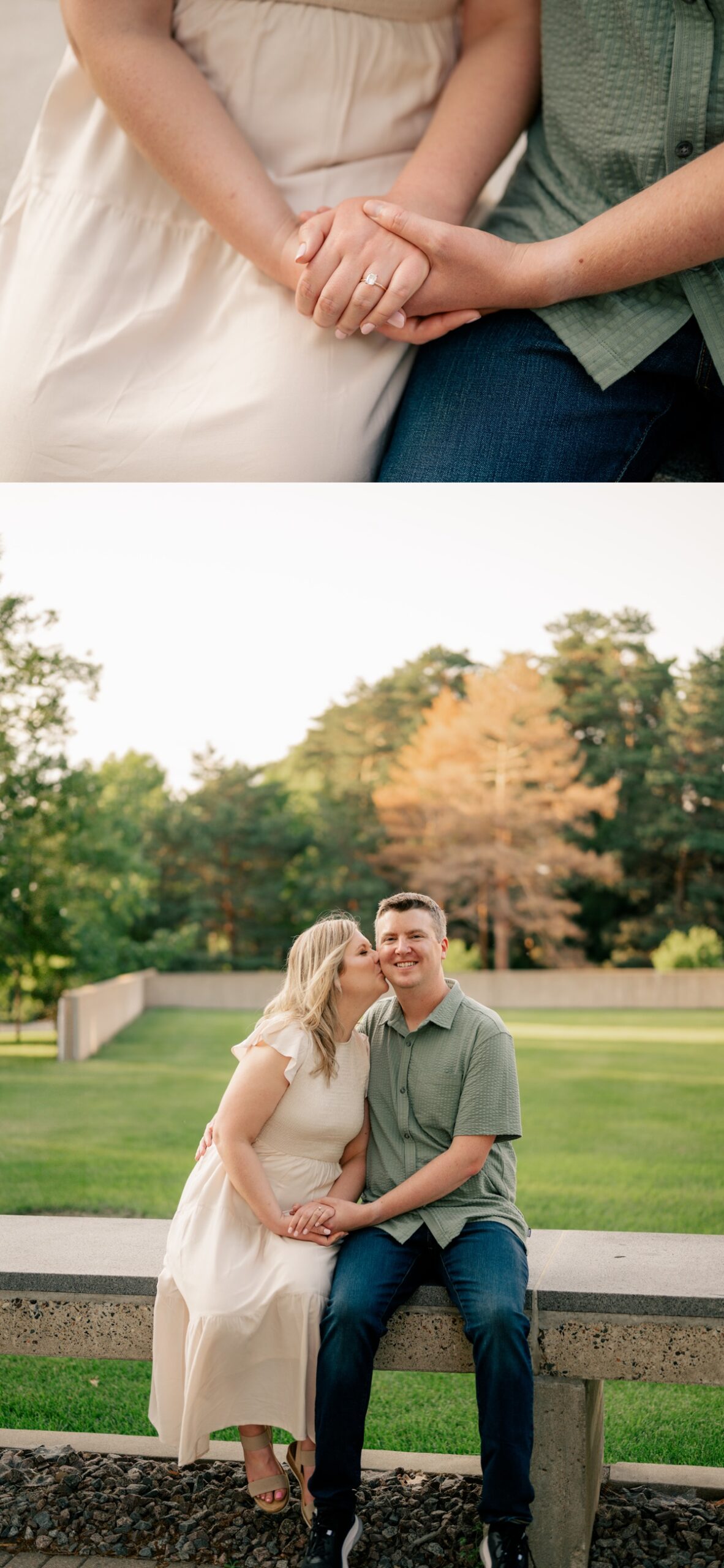 Couple sitting on park bench together during Joyful Summer Engagement Session