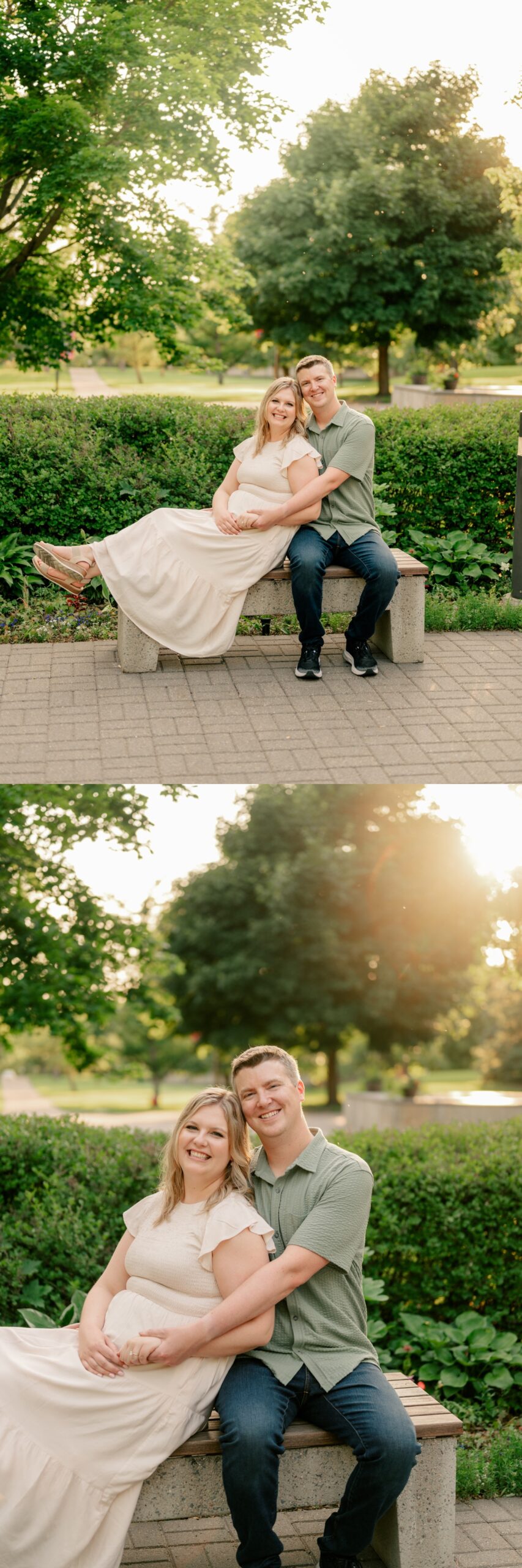 Couple embraces while sitting on park bench by Rule Creative Co.