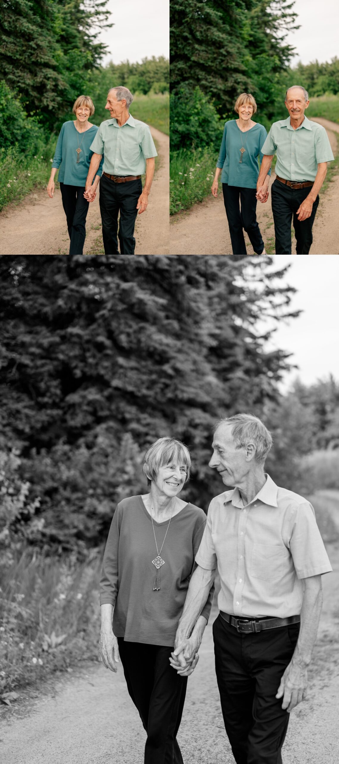 Older man and woman walking and smiling by Rule Creative Co