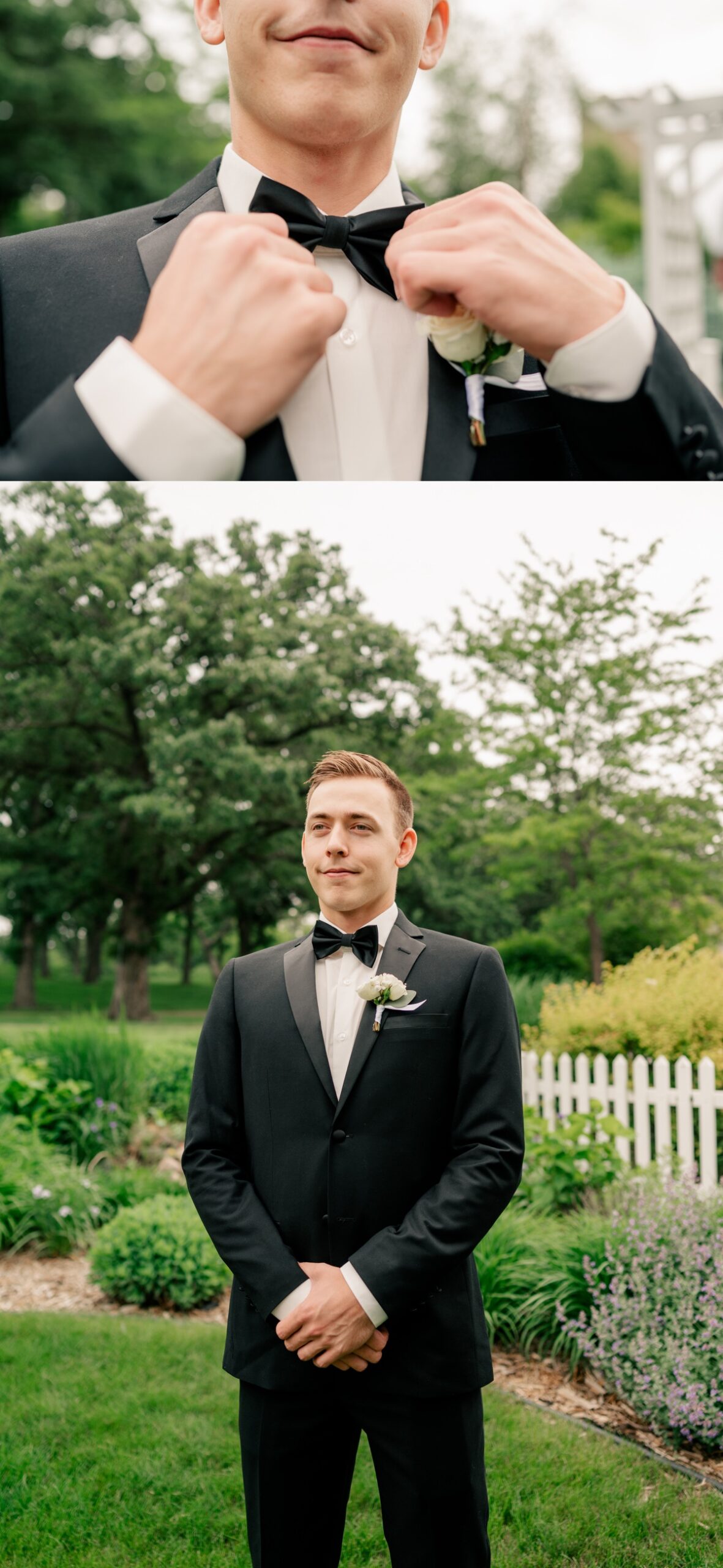 Groom posing in tuxedo during Baby's Breath Wedding