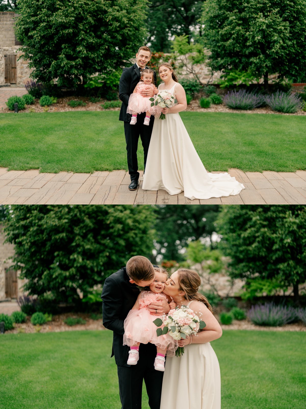 Bride and Groom posing with toddler during Baby's Breath Wedding
