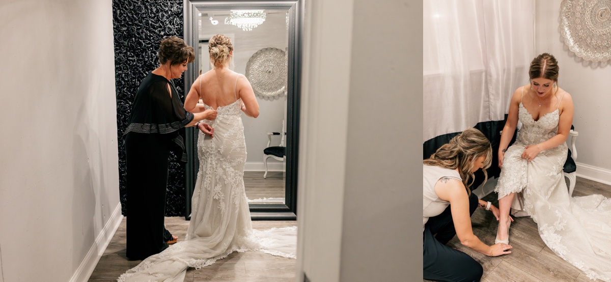 Bride getting into wedding dress by Rule Creative Co