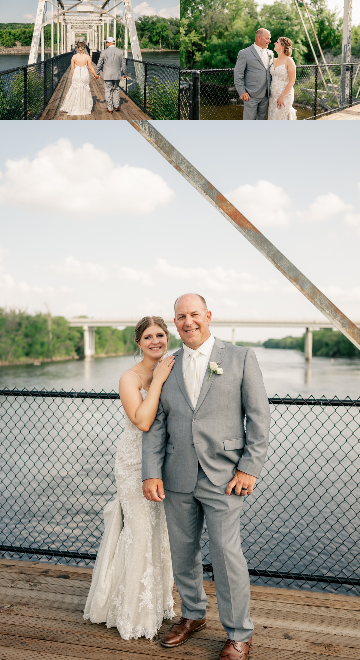 Bride and Groom walk down fishing bridge during their Wild Child Wedding