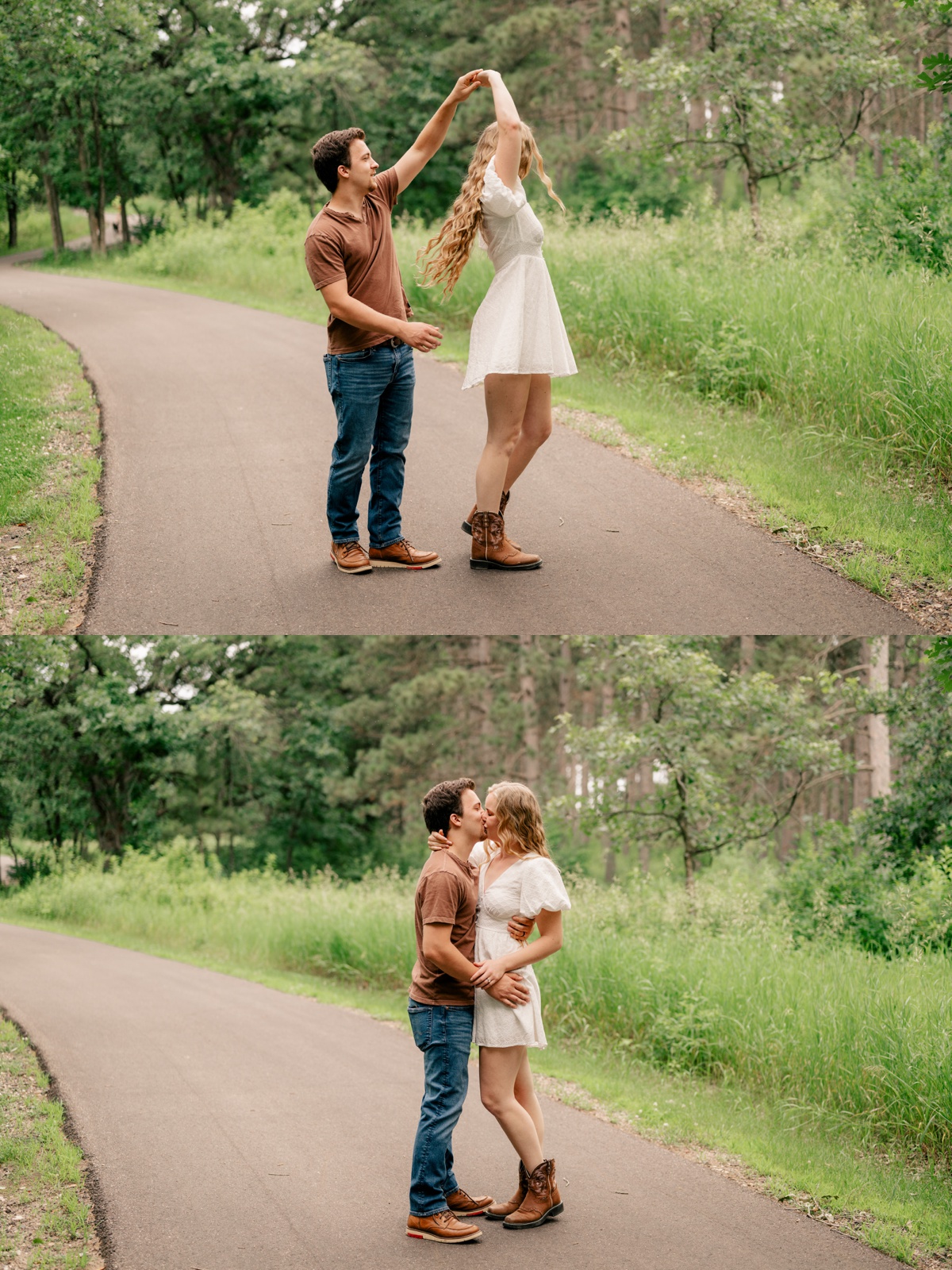Man twirls woman while dancing during easygoing engagement session