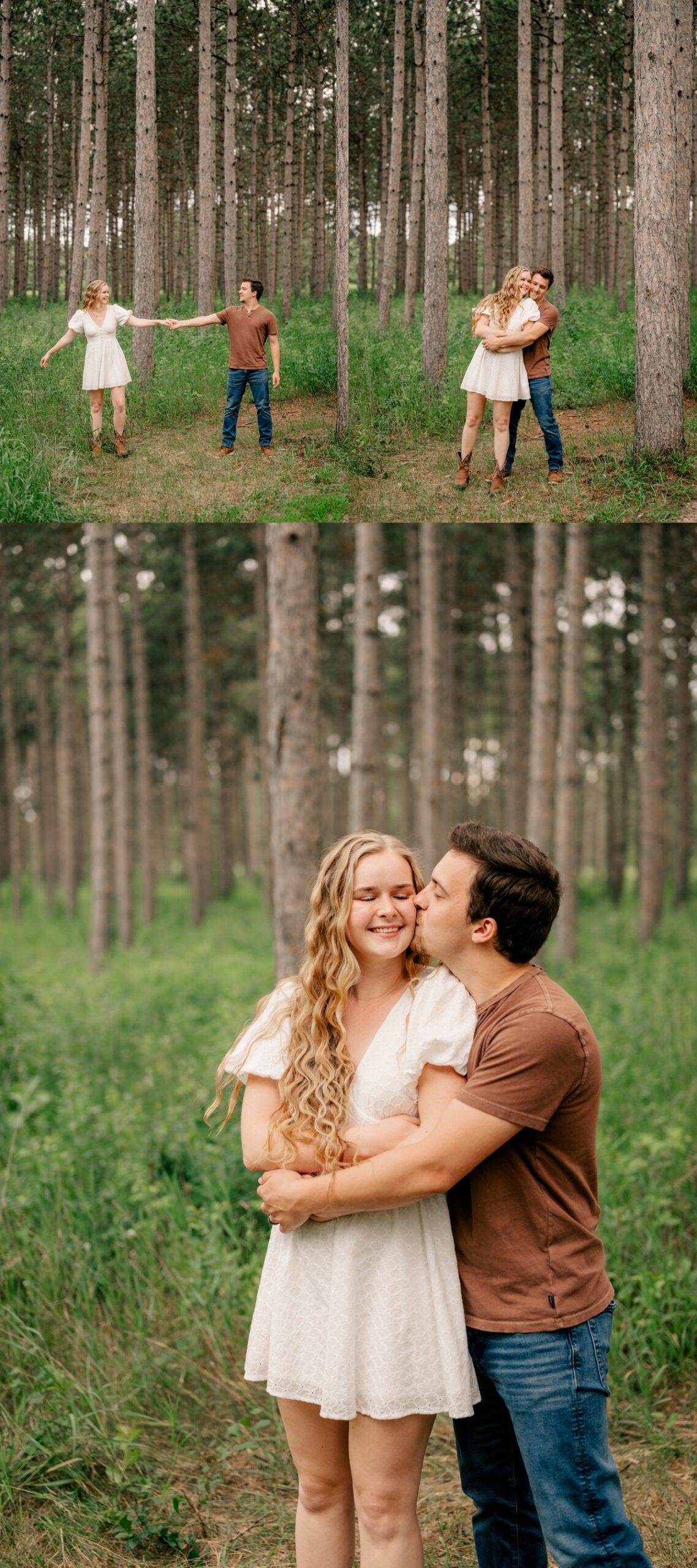 Minnesota Engagement Photographer captures young couple cuddling and dancing in the forest