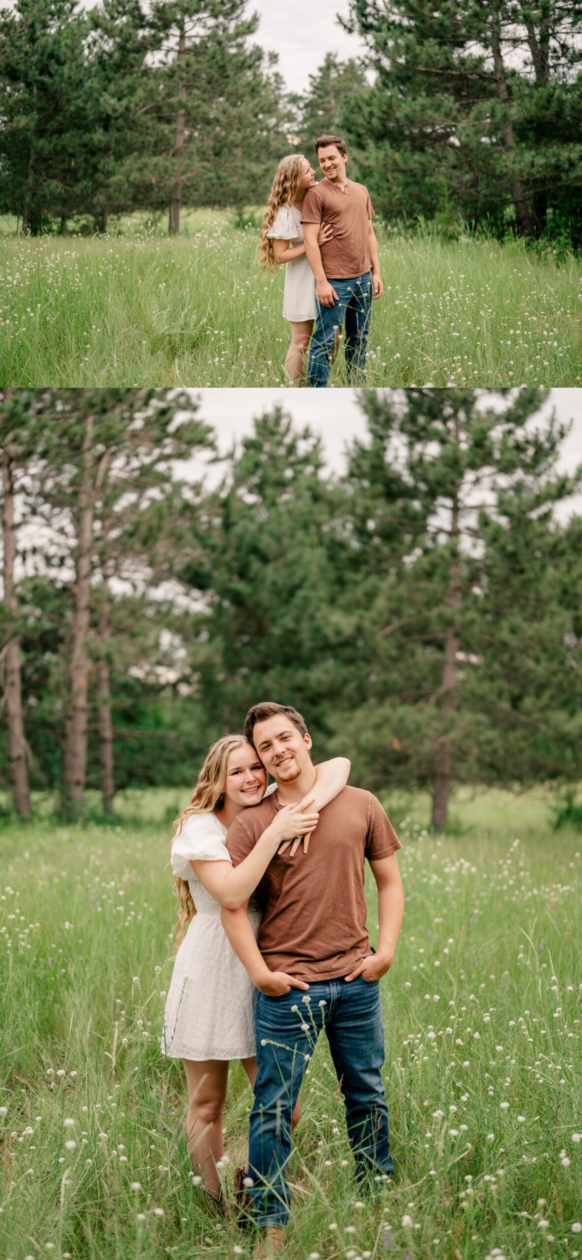 Young couple cuddle in the forest and smile at camera during easygoing engagement session
