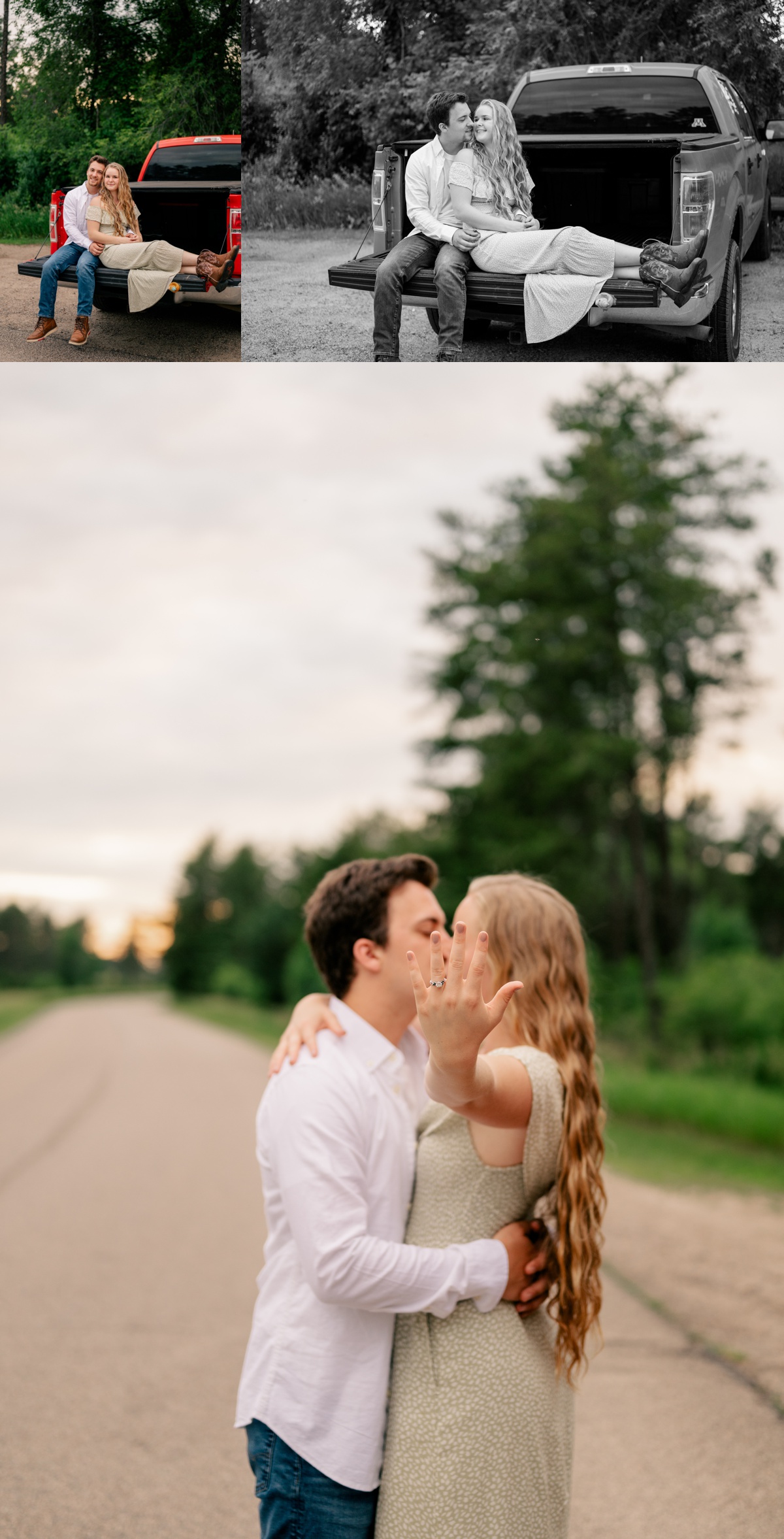 Man and women snuggling on a truck bed during easygoing engagement session