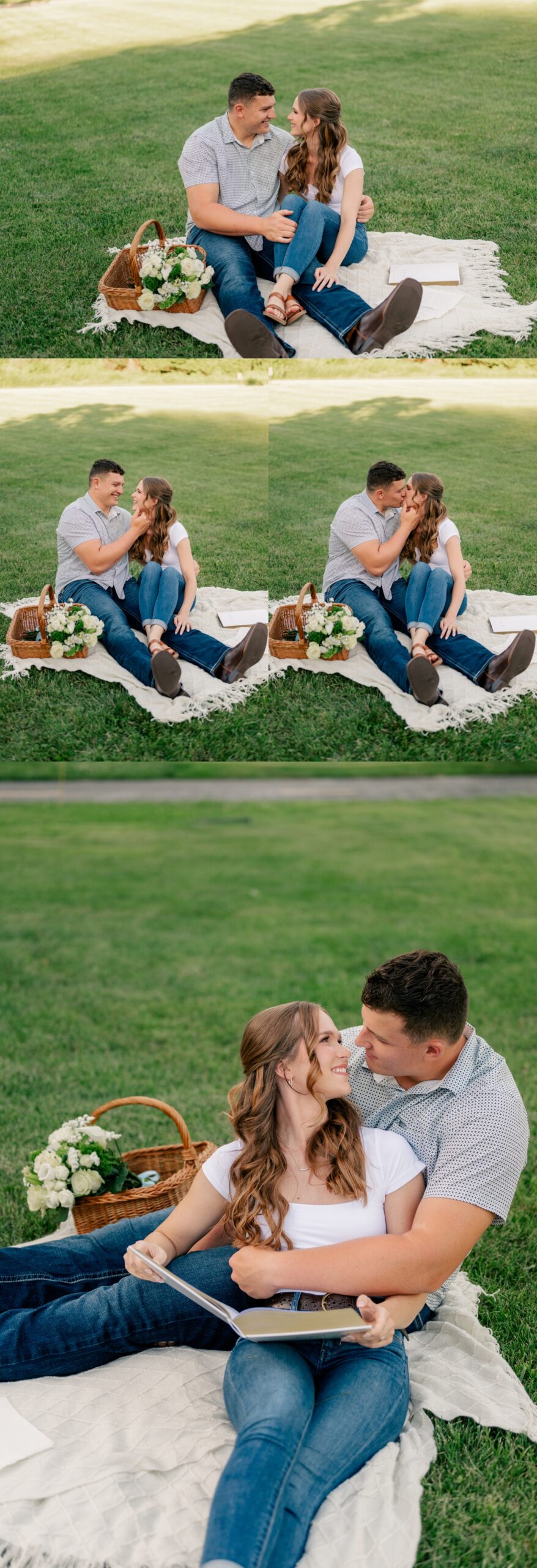 Couple sitting on picnic blanket during Midsummer Engagement Session