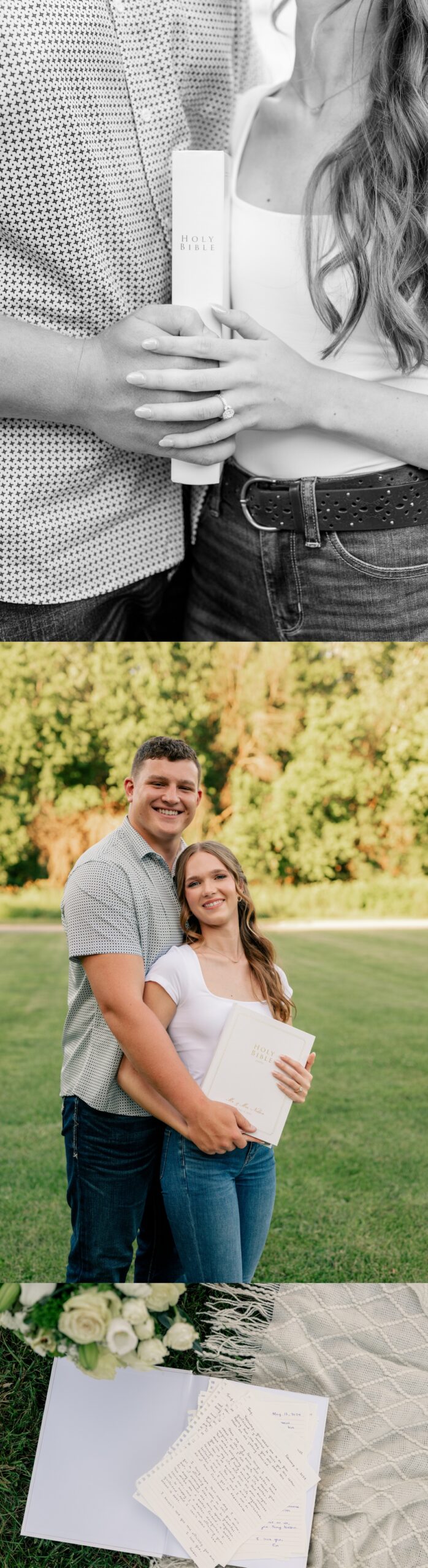 Man and Woman holding bible between them during Midsummer Engagement Session