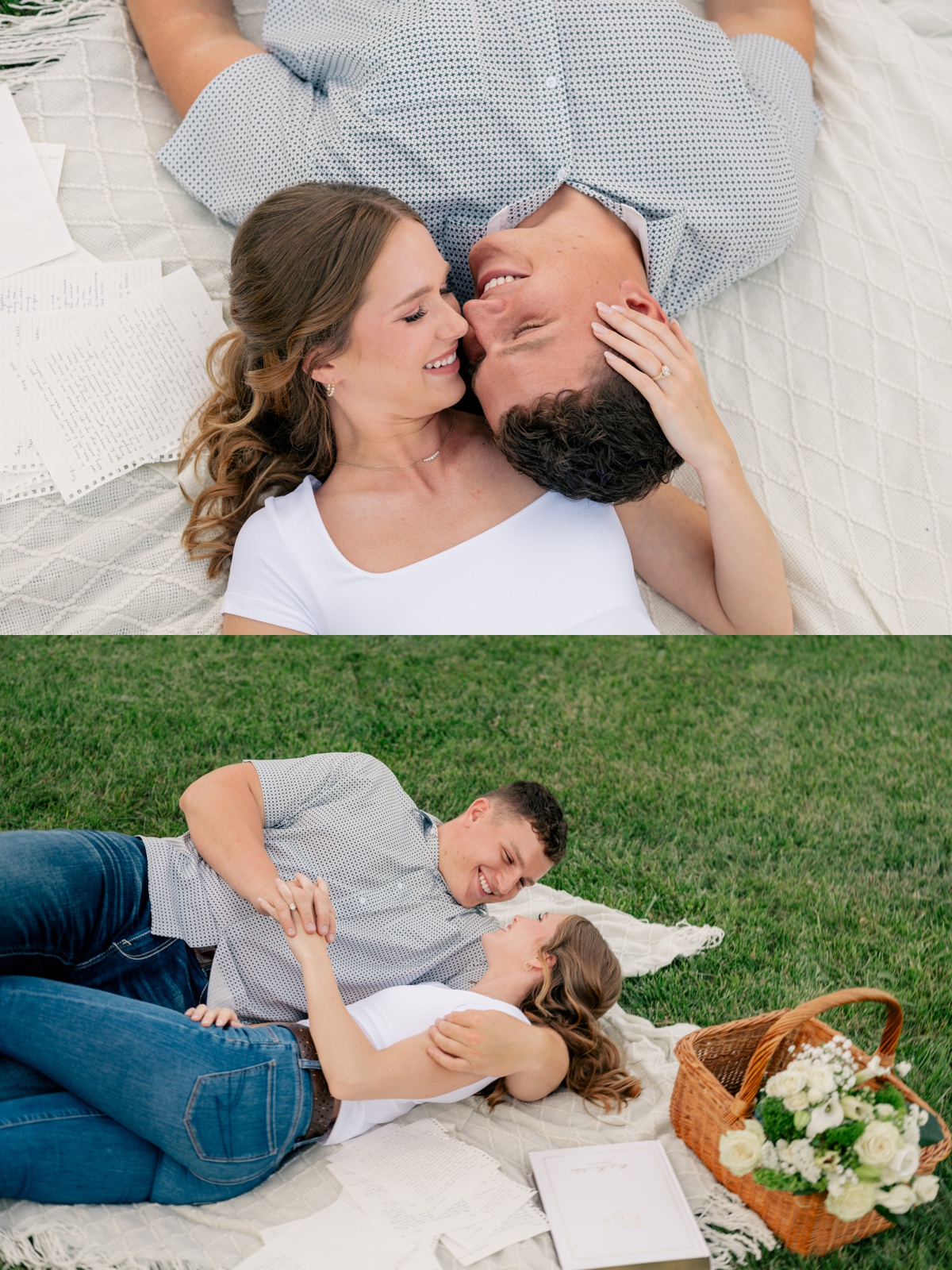 Minnesota Wedding Photographer captures couple smiling and laying on blanket together