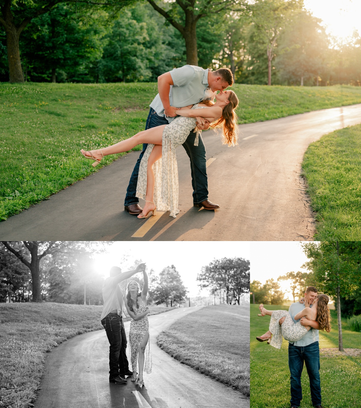 Man dancing with woman with sunset behind them during Midsummer Engagement Session