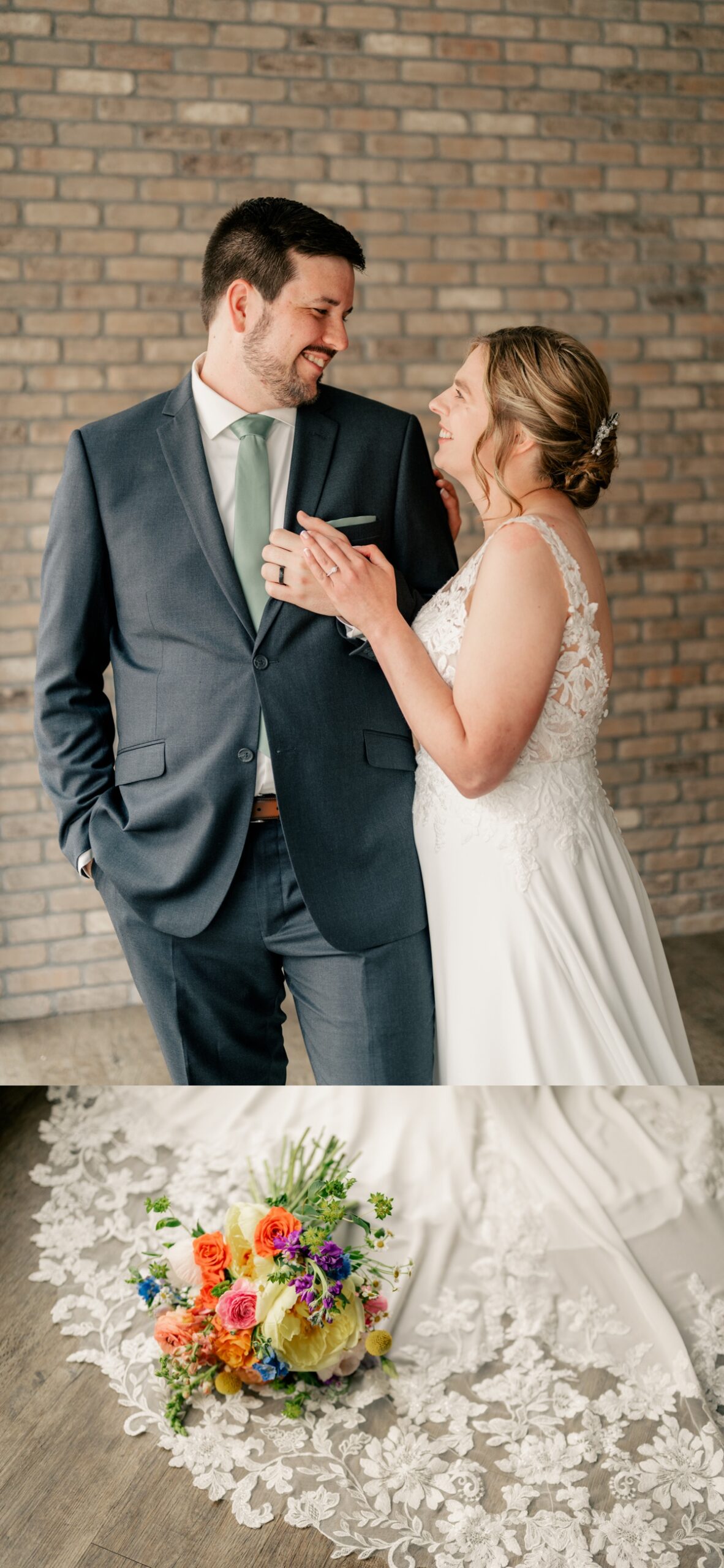 Minnesota Wedding Photographer captures newlyweds posing together near window