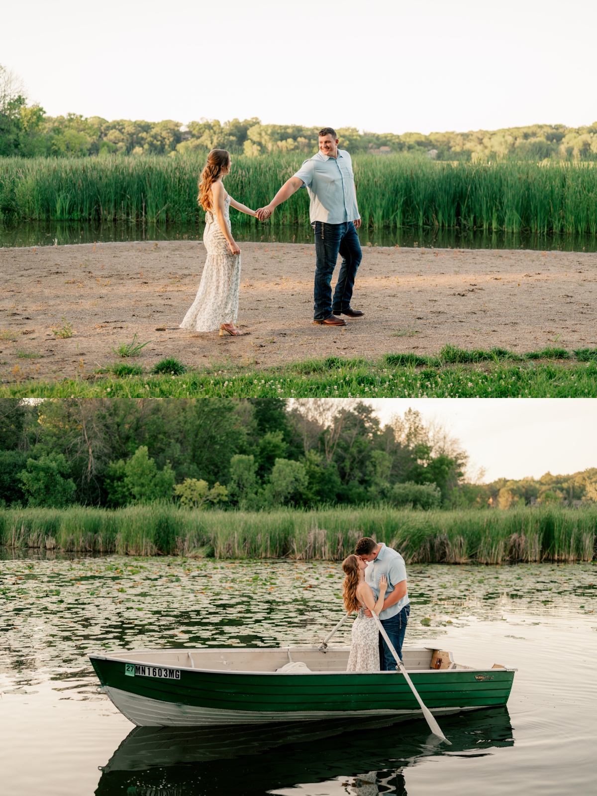Couple kissing while on row boat during Midsummer Engagement Session