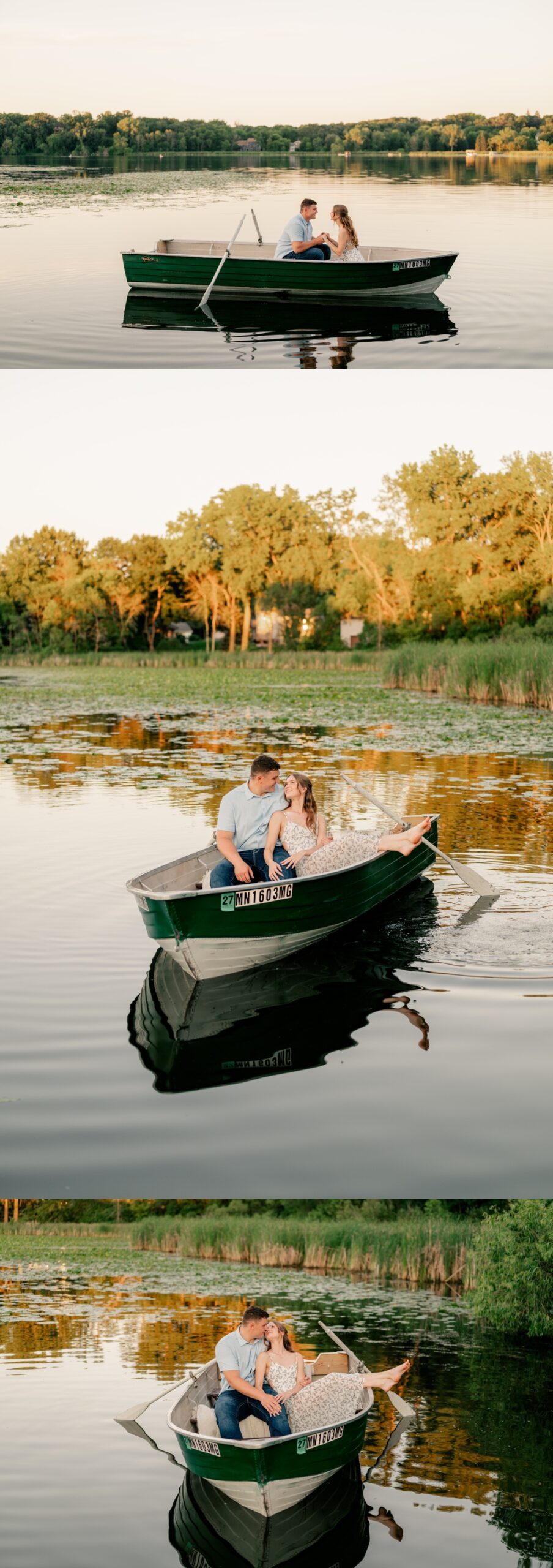 Minnesota Wedding Photographer captures couple cuddling on row boat