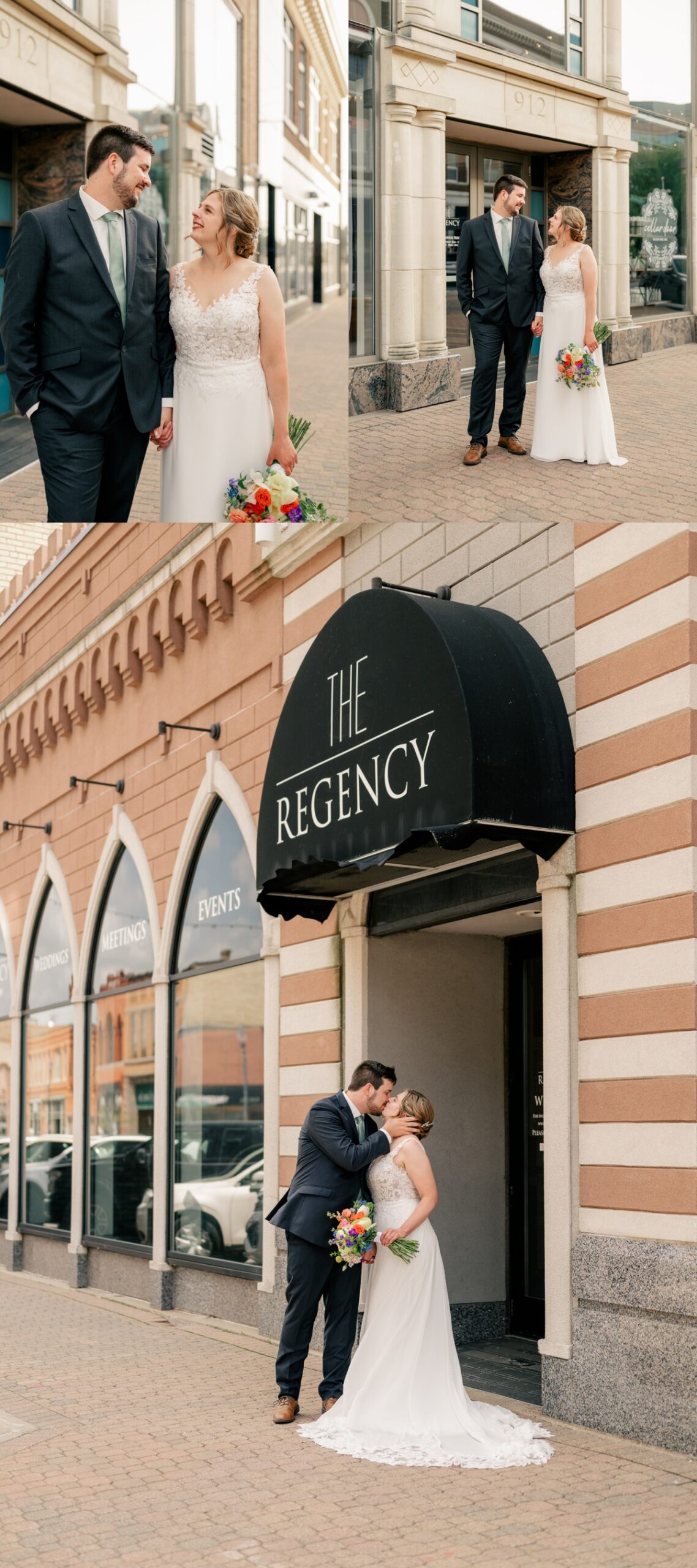 Minnesota Wedding Photographer captures Bride and Groom kissing outside of venue