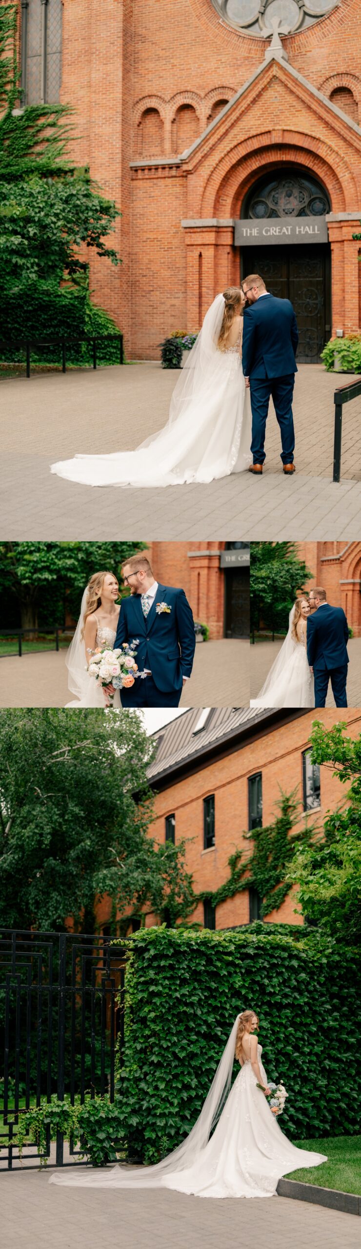 Bride and groom laughing outside of church by Rule Creative Co.