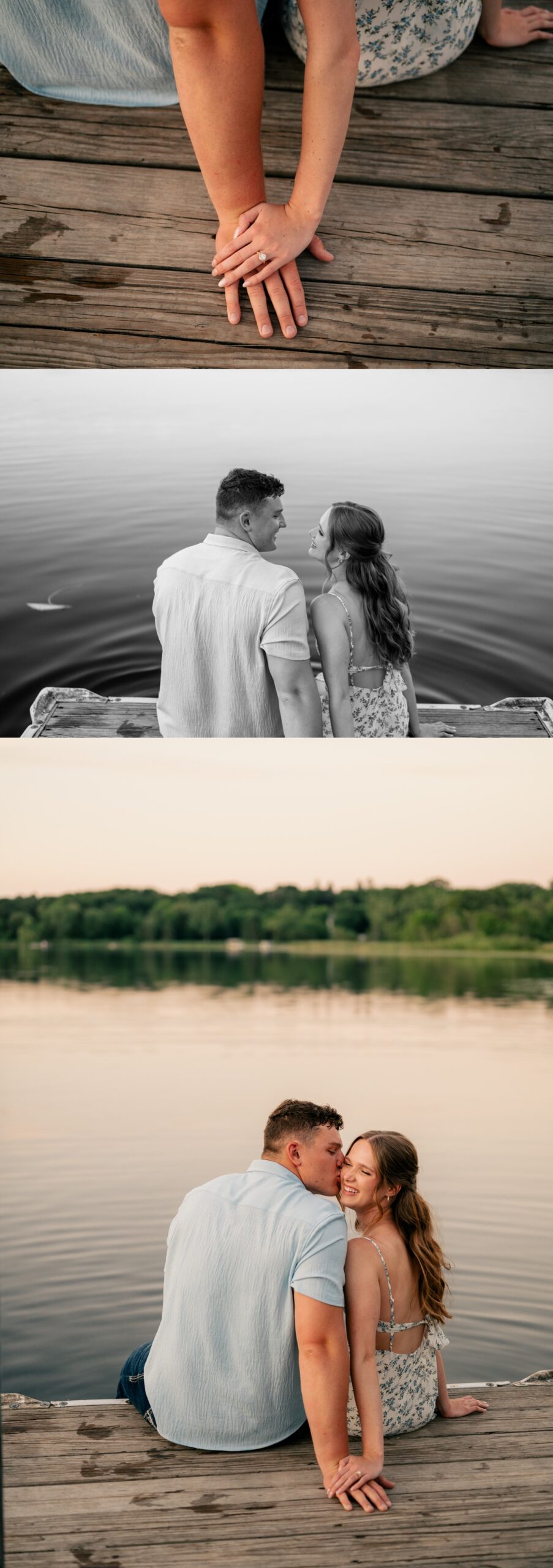 Minnesota Wedding Photographer captures couple sitting on pond dock holding hands