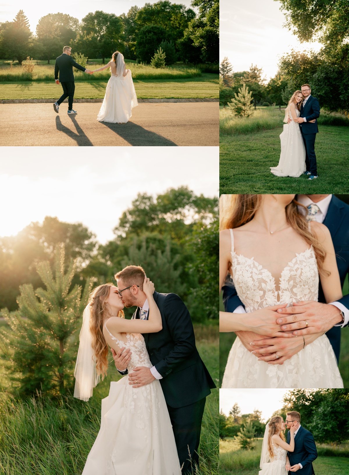 Sunset portraits of bride and groom during Fairytale Summer Wedding