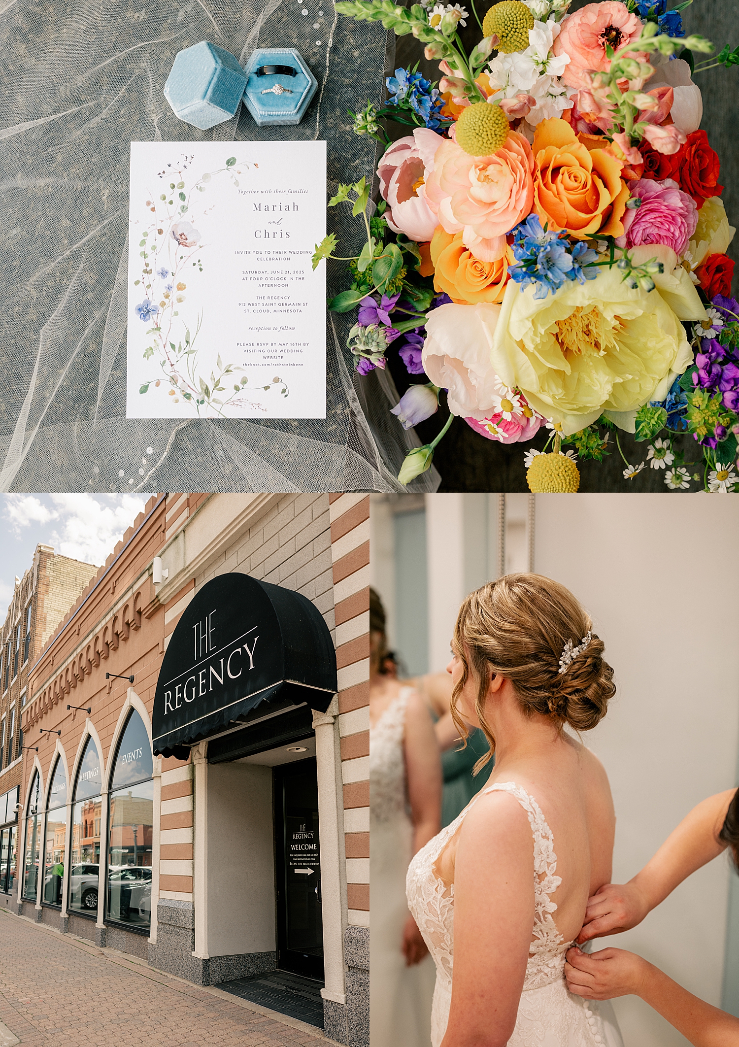 colorful bouquet next to rings by Minnesota wedding photographer