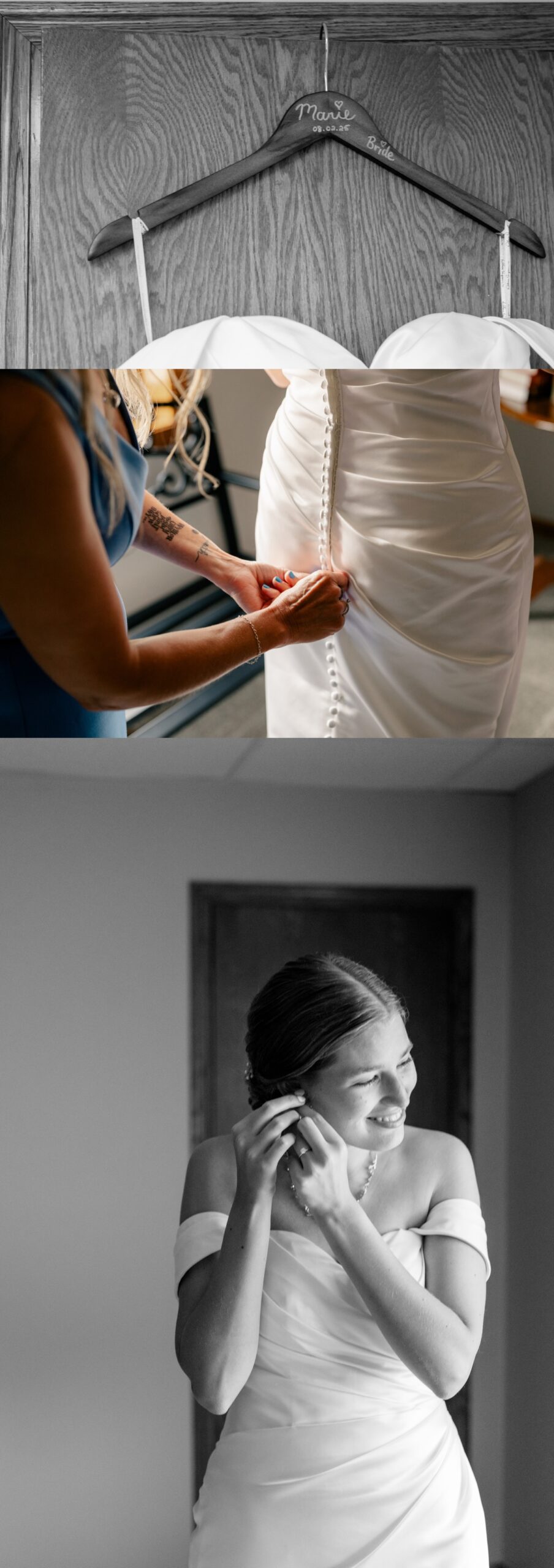 Minnesota Wedding Photographer captures brides dress on custom wooden hanger