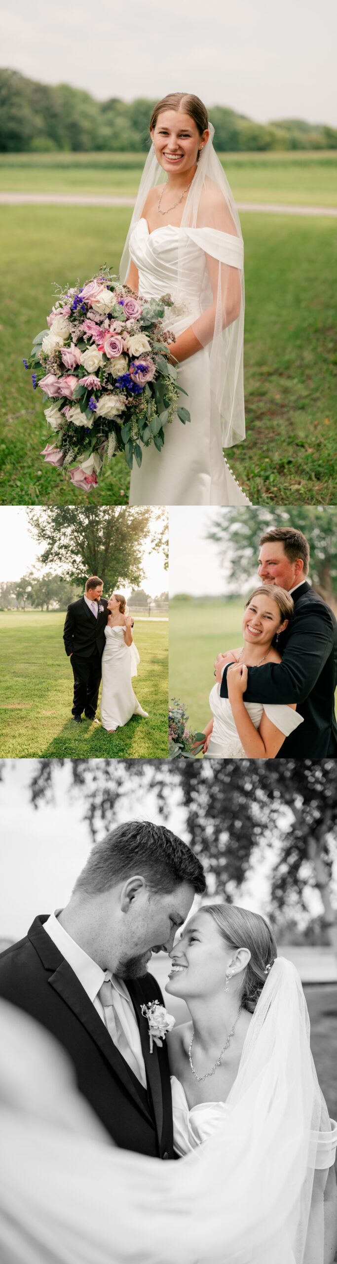 Outdoor Bridal Portrait with cascading bouquet during Laid-Back Summer Wedding