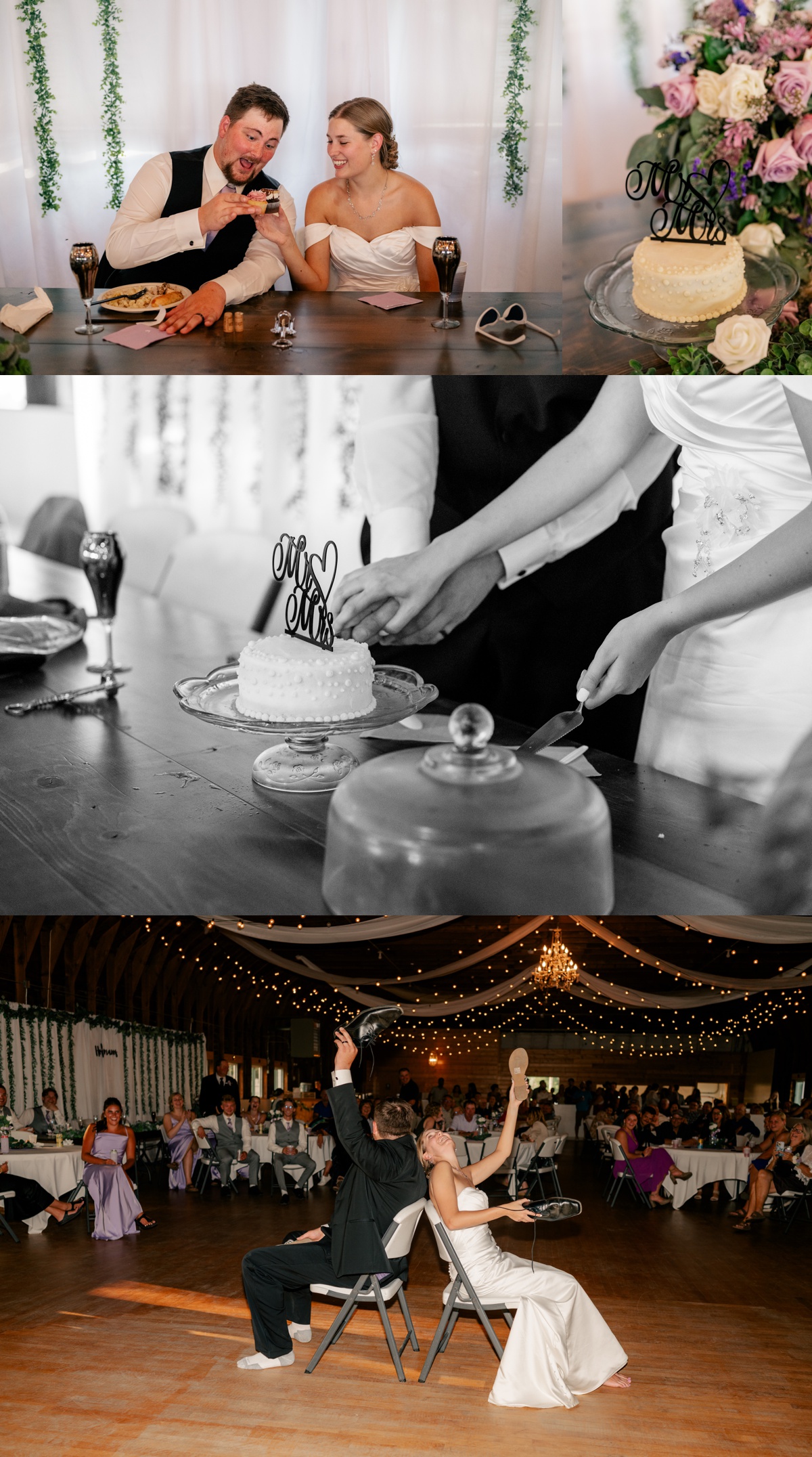 Bride and groom play the shoe game during reception by Rule Creative Co.