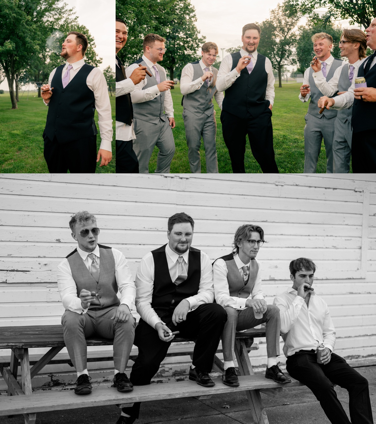 Minnesota Wedding Photographer captures groom and groomsmen enjoy cigars outdoors