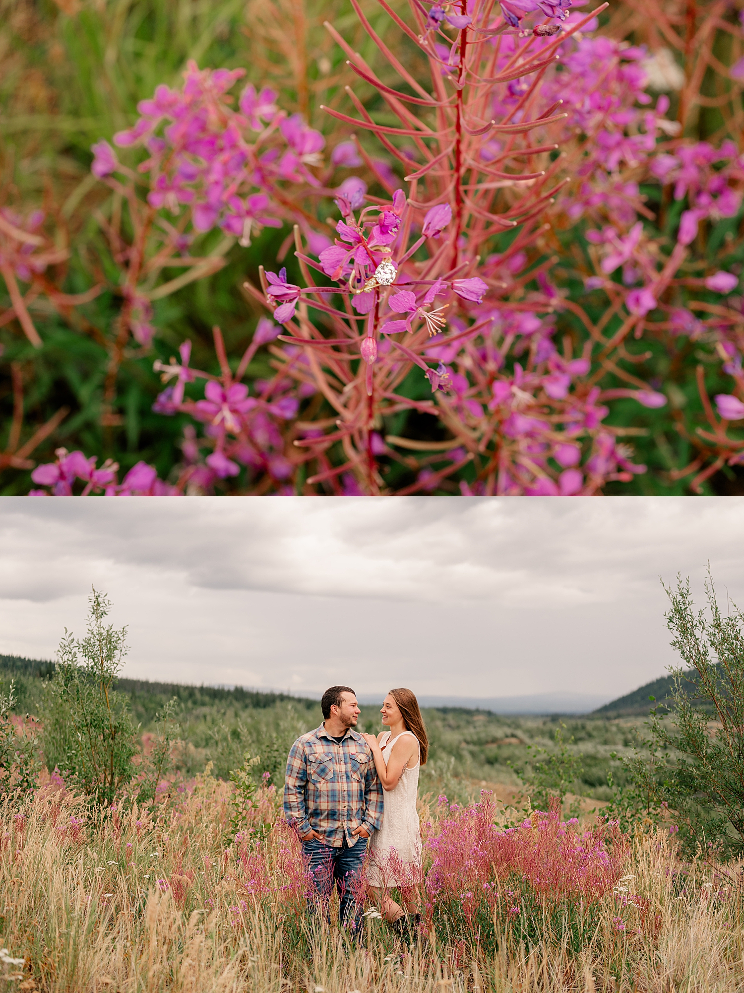 engaged couple stand in flowers for adventure engagement session in Alaska