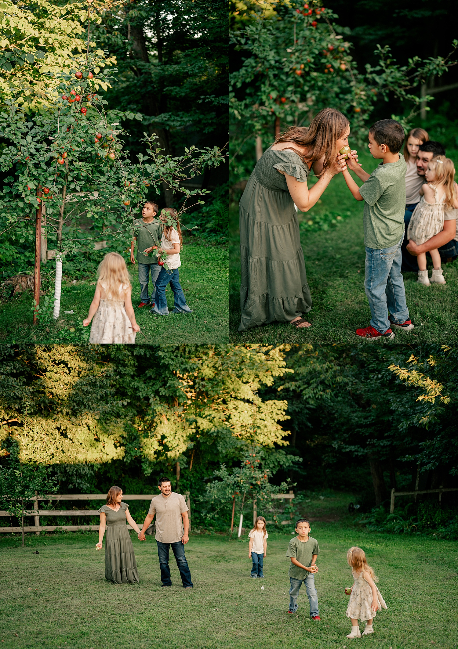 mother takes a bit of apple her son picked by Minnesota family photographer