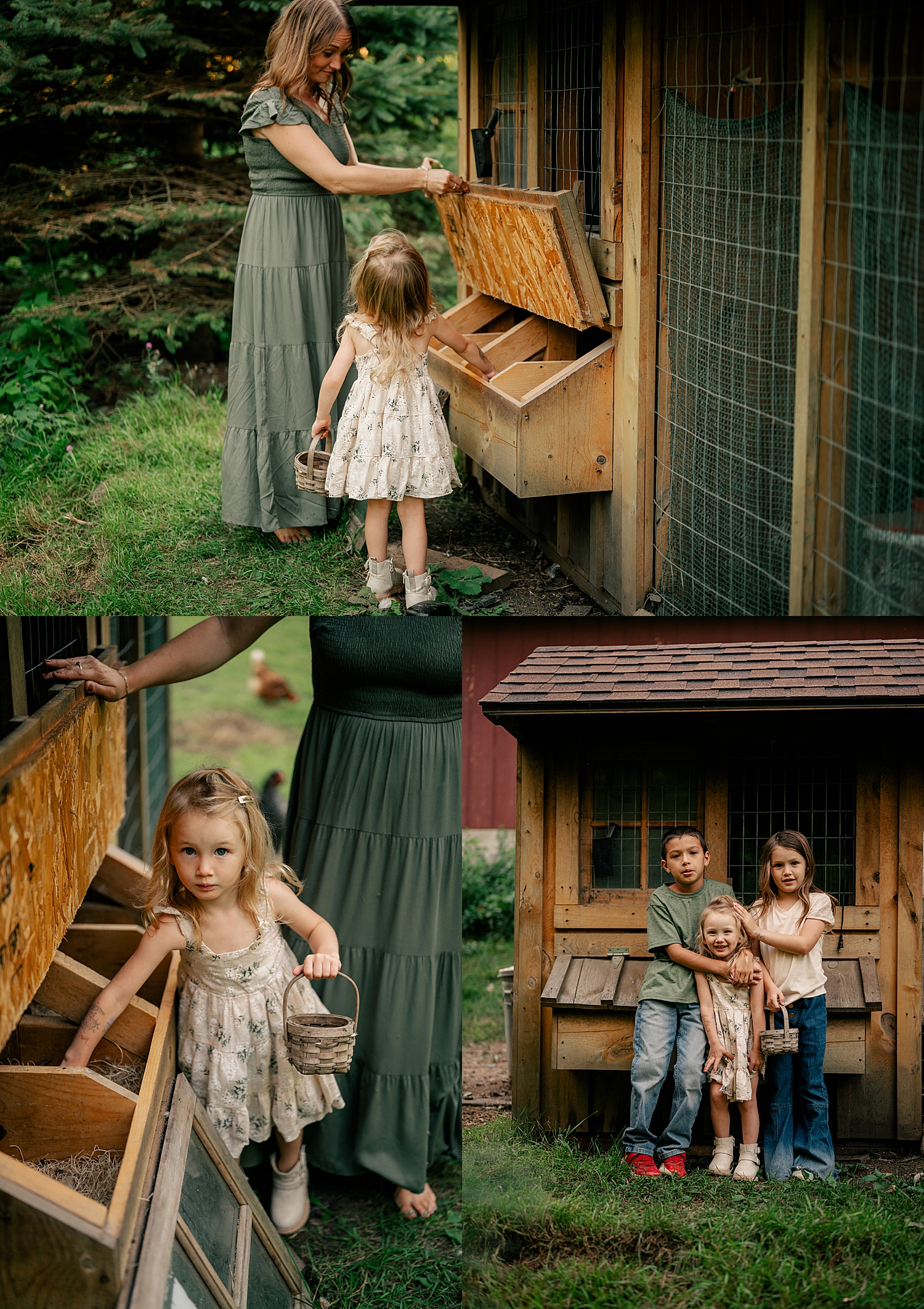 toddlers collect eggs from a chicken coop by Minnesota family photographer