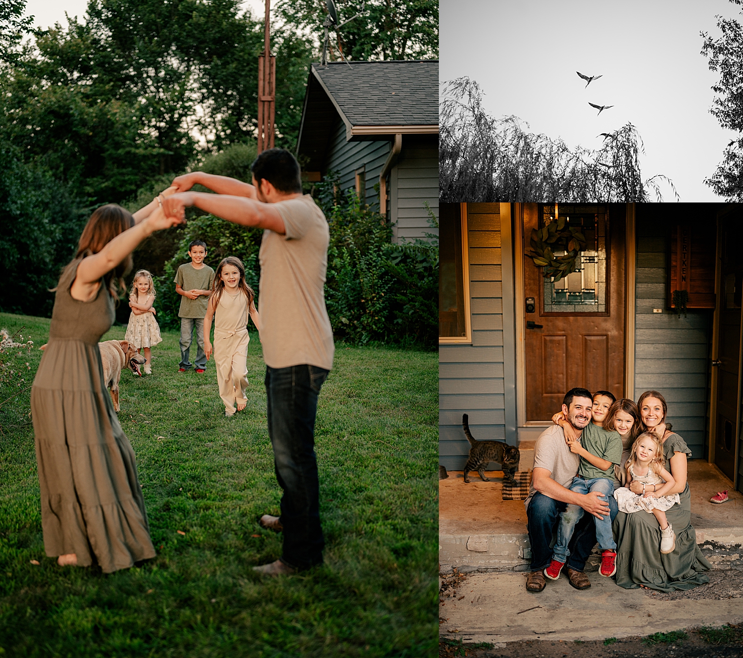 parents hold up arms as bridge for kids to run under by Minnesota family photographer