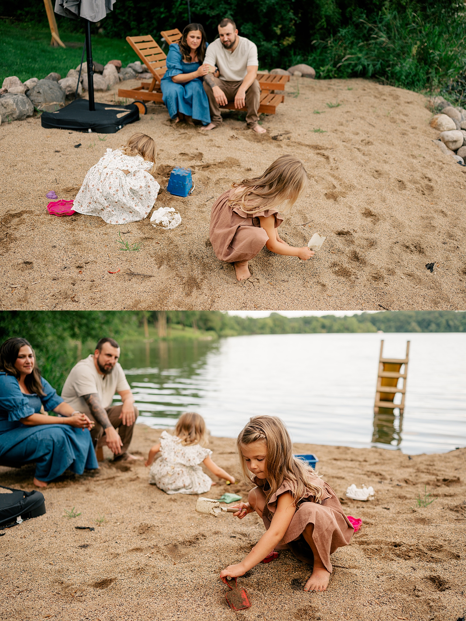 toddlers play in sandy beach while parents watch nearby by Minnesota family photographer
