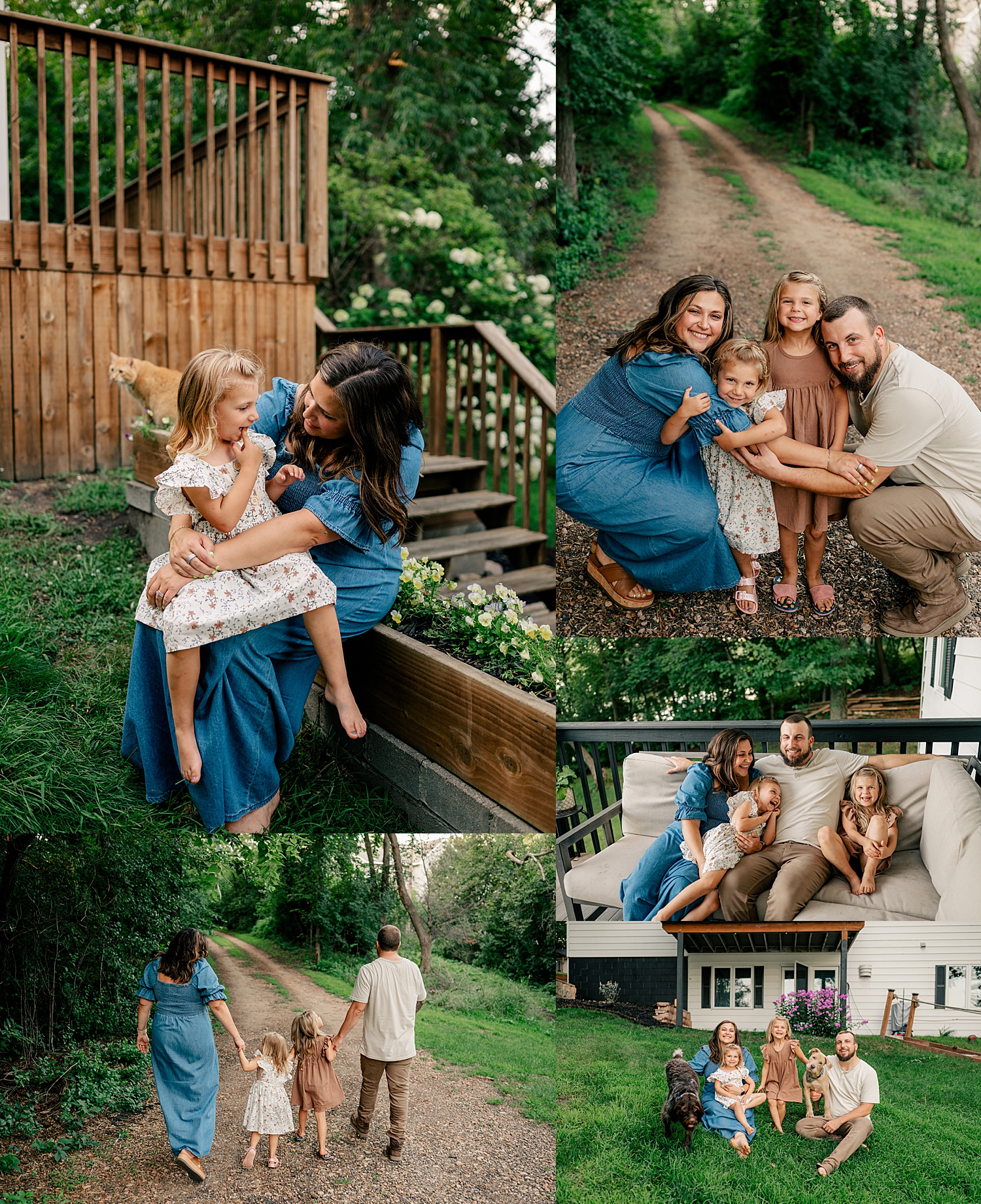 mom in blue dress holds her babies on back porch by Rule Creative Co